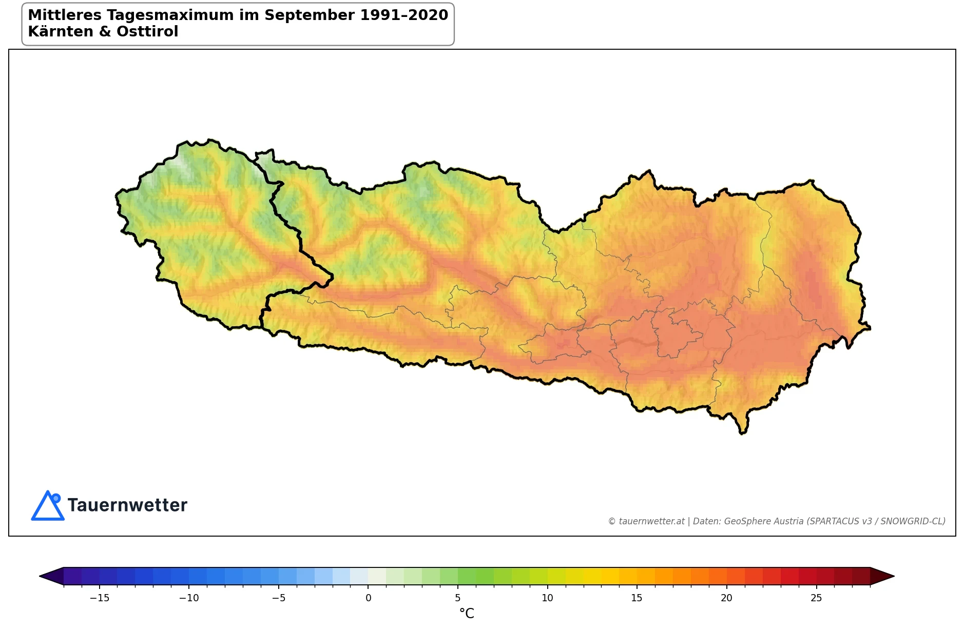 Klimakarte Maximale Temperatur (Tagesmaximum), September 1991–2020 in Kärnten und Osttirol