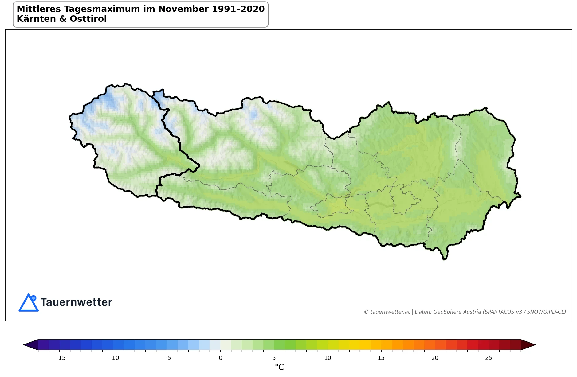 Klimakarte Maximale Temperatur (Tagesmaximum), November 1991–2020 in Kärnten und Osttirol