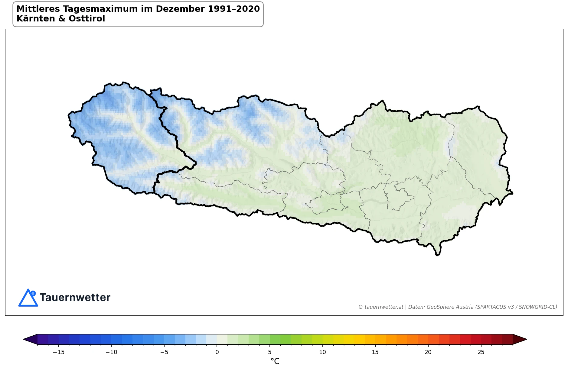 Klimakarte Maximale Temperatur (Tagesmaximum), Dezember 1991–2020 in Kärnten und Osttirol