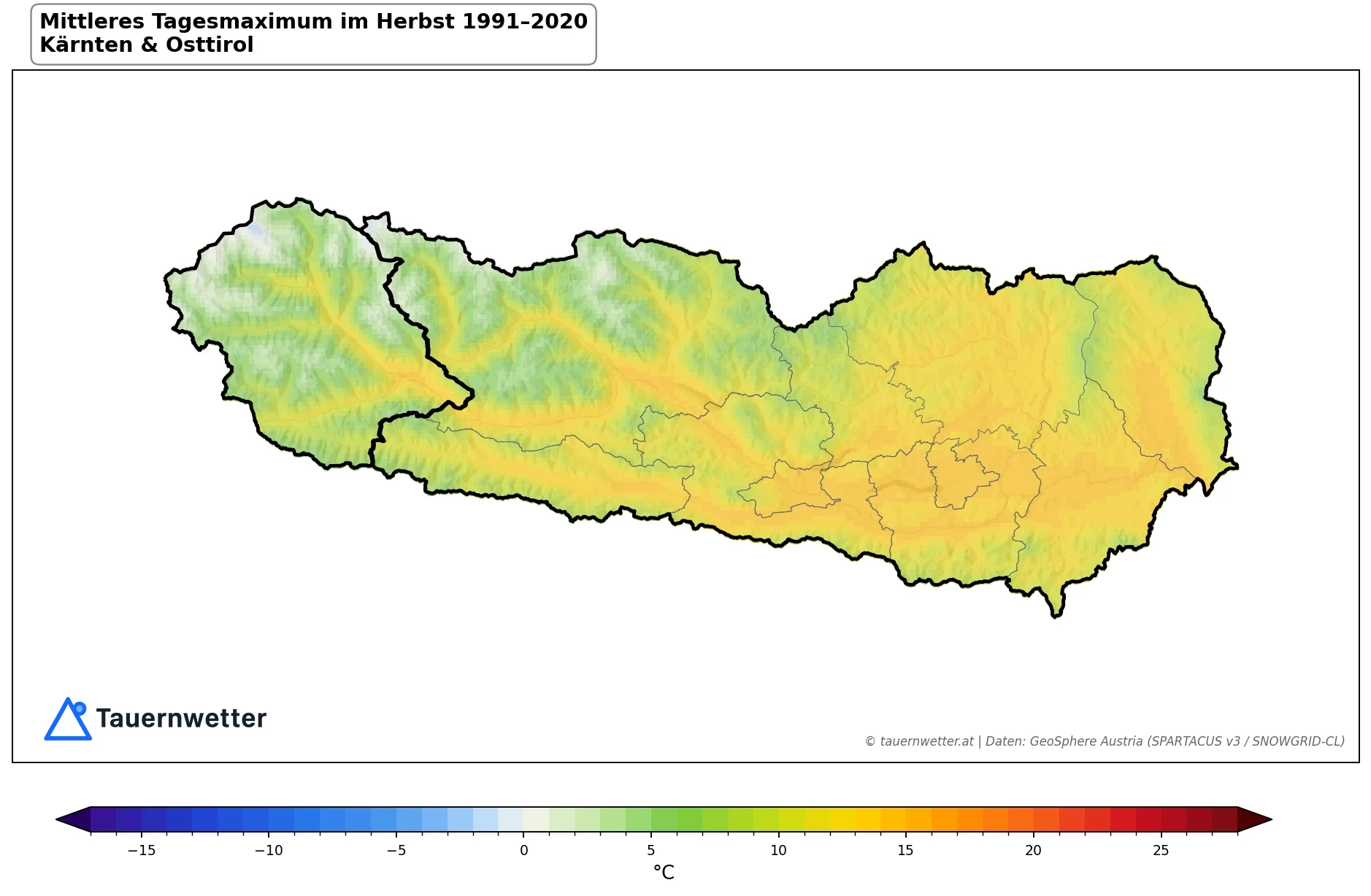 Klimakarte Maximale Temperatur (Tagesmaximum), Herbst (SON) 1991–2020 in Kärnten und Osttirol