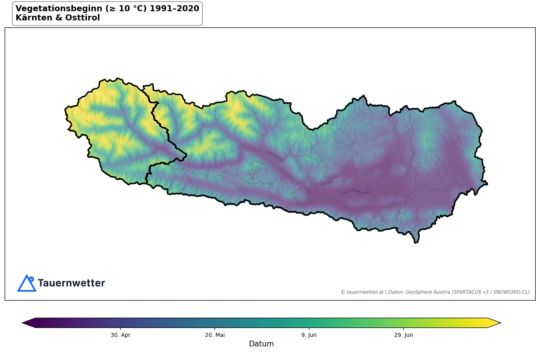 Klimakarte Vegetationsbeginn (≥ 10 °C), Jahr 1991–2020 in Kärnten und Osttirol