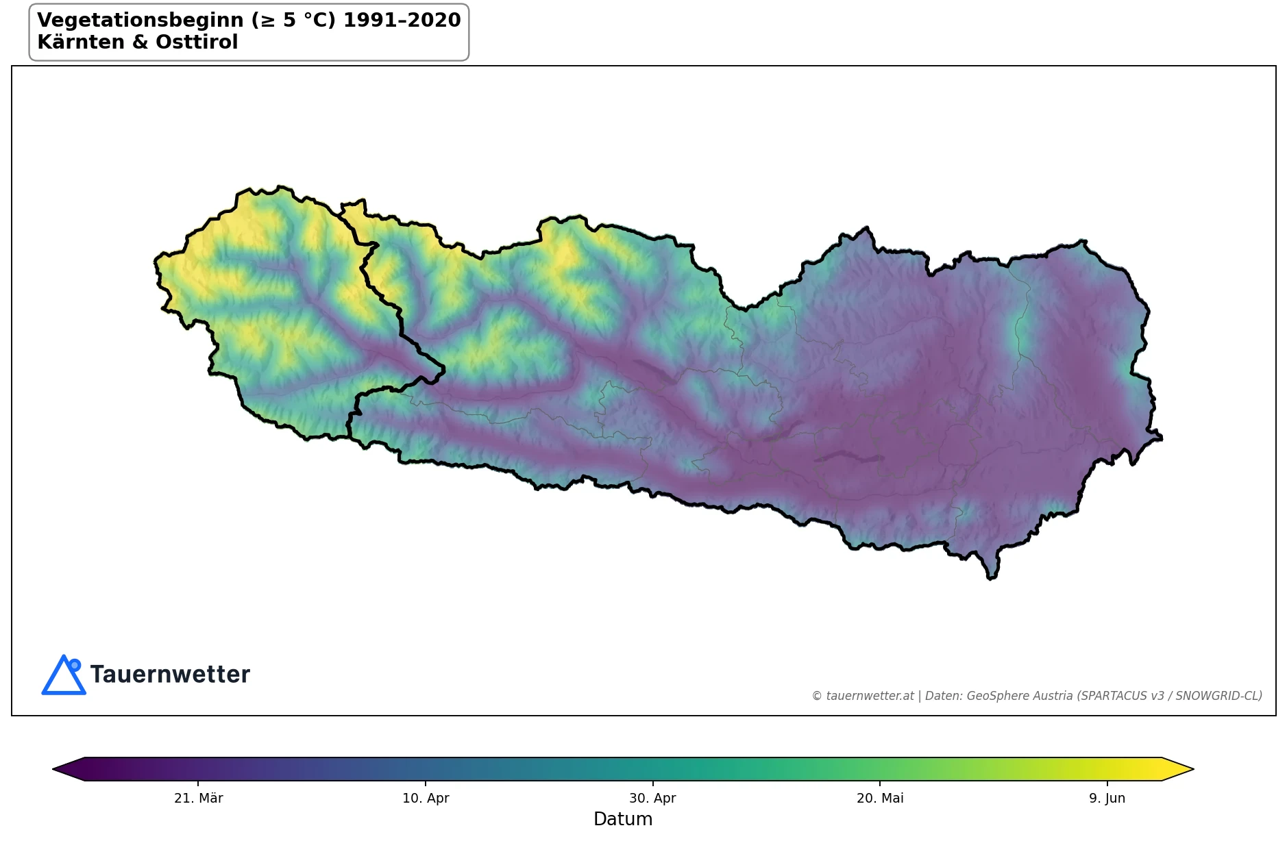 Klimakarte Vegetationsbeginn (≥ 5 °C), Jahr 1991–2020 in Kärnten und Osttirol