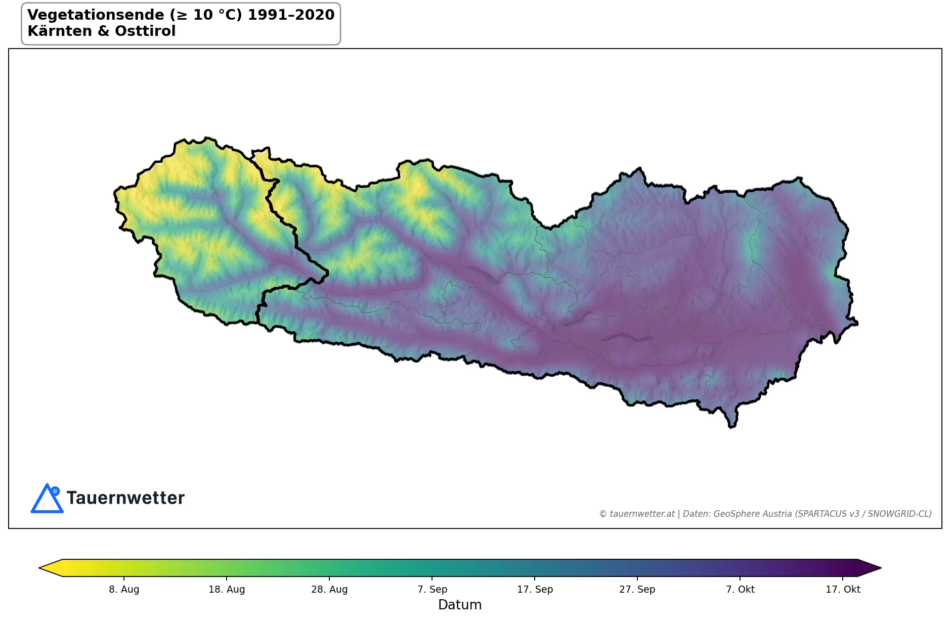 Klimakarte Vegetationsende (≥ 10 °C), Jahr 1991–2020 in Kärnten und Osttirol