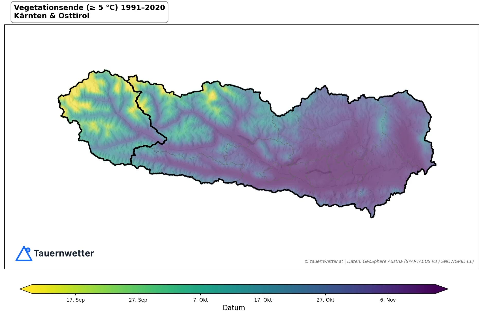 Klimakarte Vegetationsende (≥ 5 °C), Jahr 1991–2020 in Kärnten und Osttirol