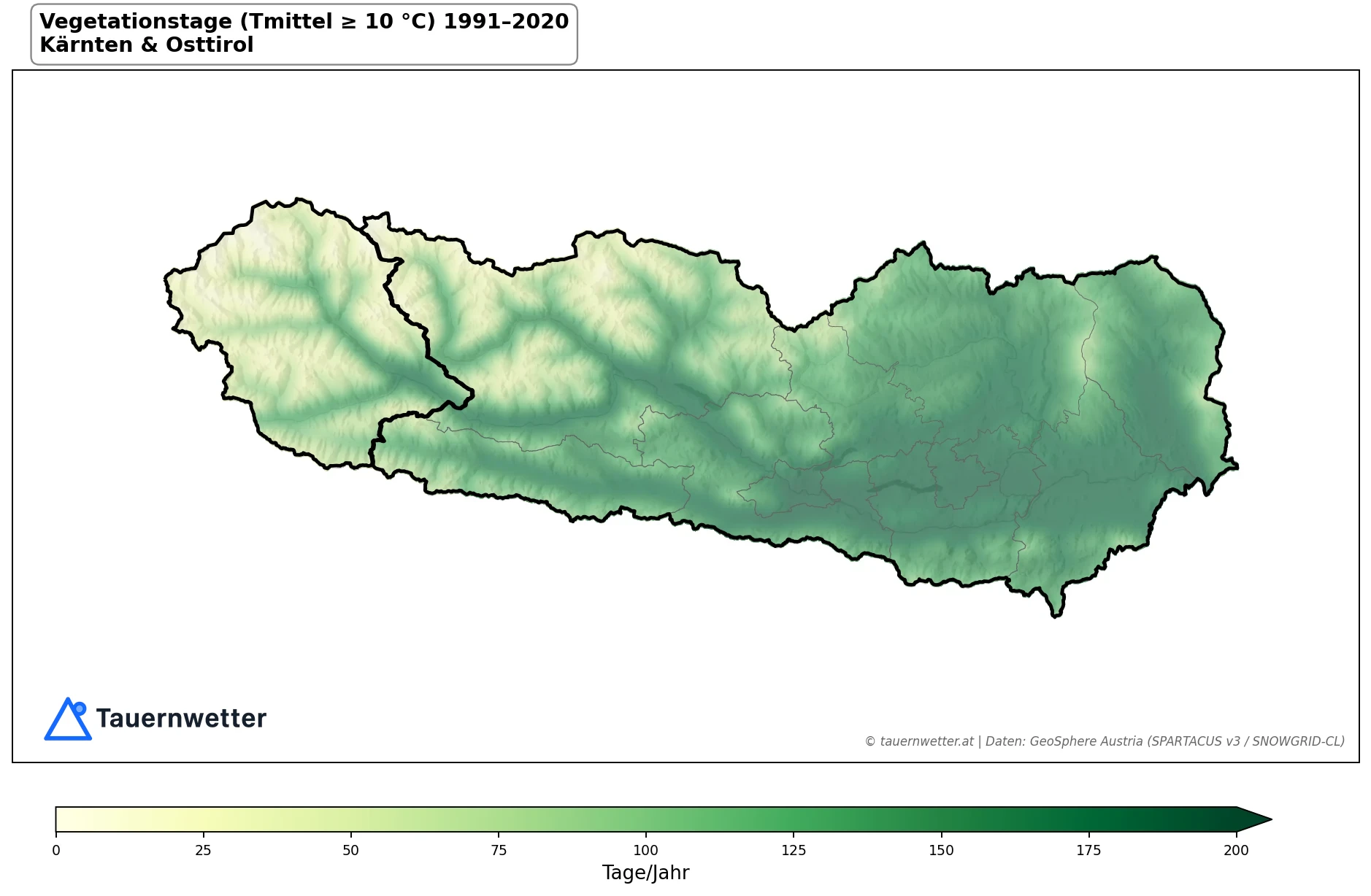 Klimakarte Vegetationsperiode (Tmittel ≥ 10 °C), Jahr 1991–2020 in Kärnten und Osttirol