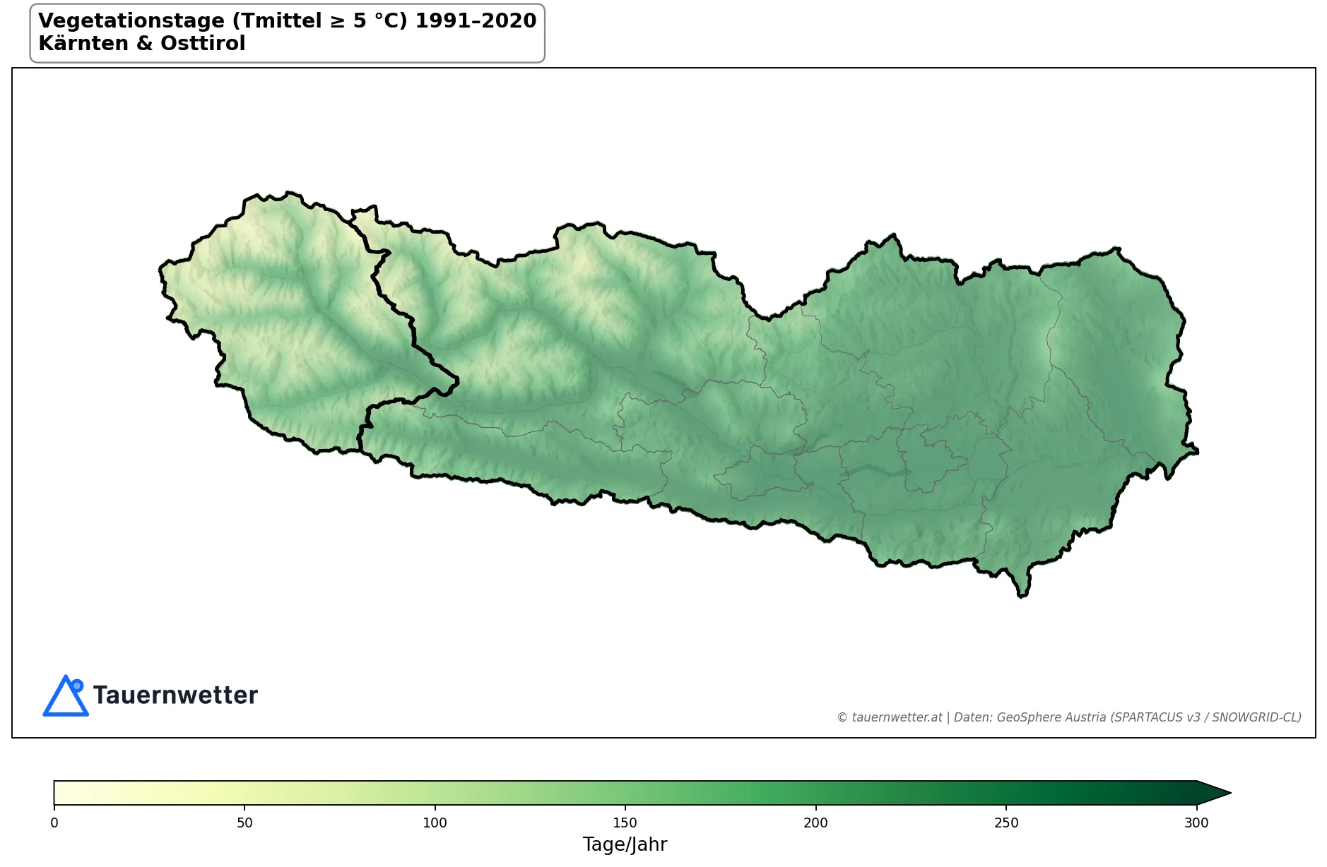 Klimakarte Vegetationsperiode (Tmittel ≥ 5 °C), Jahr 1991–2020 in Kärnten und Osttirol