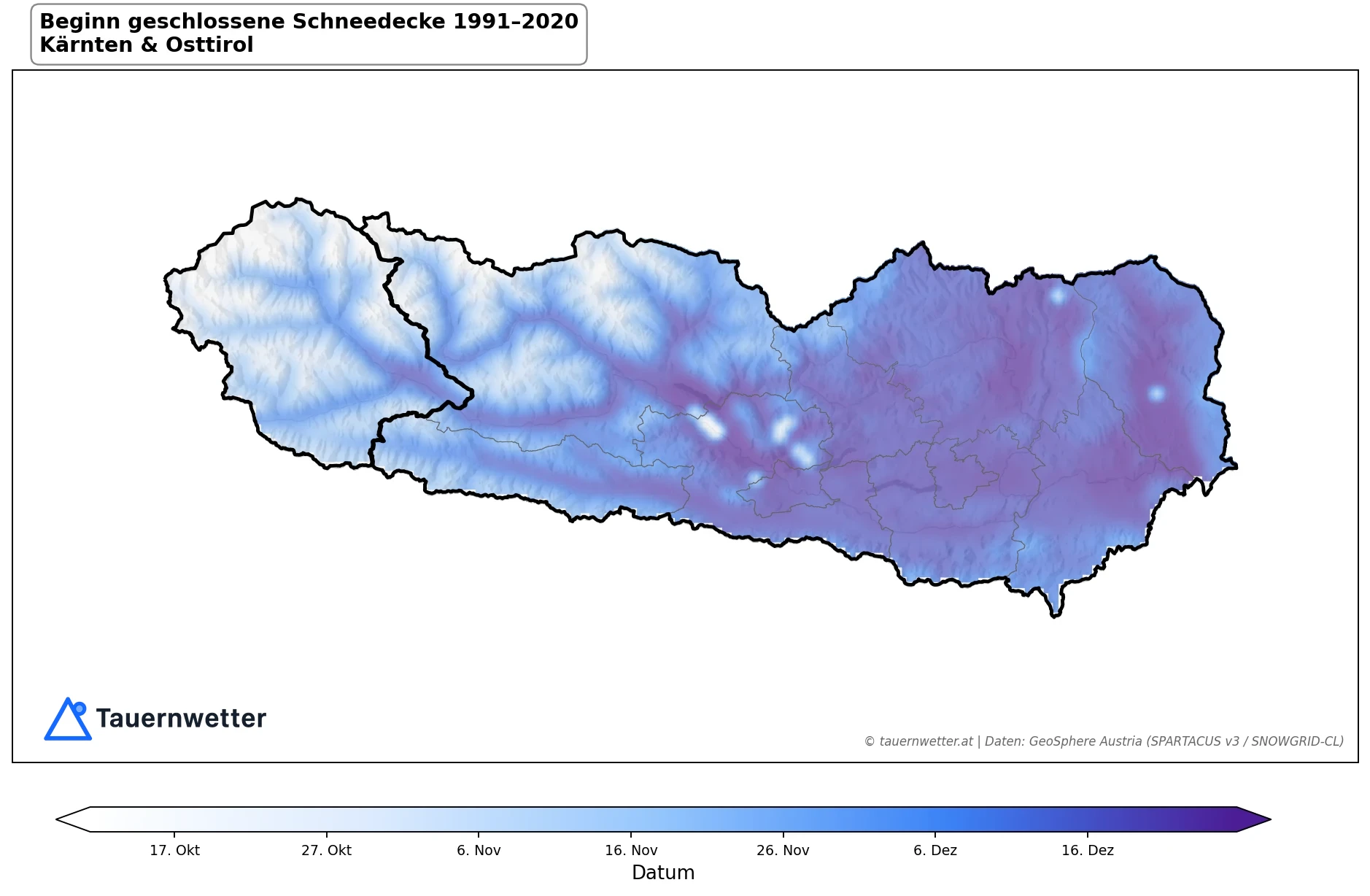 Klimakarte Beginn geschlossene Schneedecke, Jahr 1991–2020 in Kärnten und Osttirol