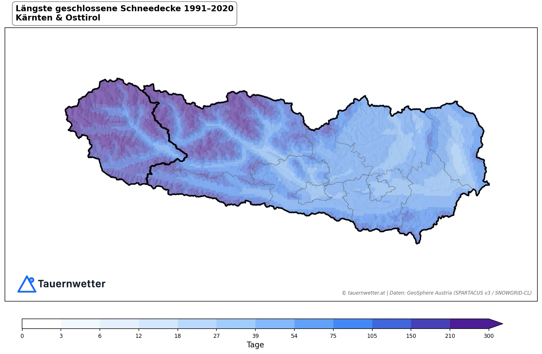 Klimakarte Längste geschlossene Schneedecke, Jahr 1991–2020 in Kärnten und Osttirol