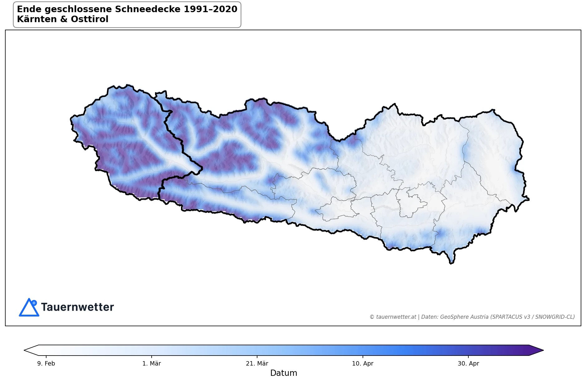 Klimakarte Ende geschlossene Schneedecke, Jahr 1991–2020 in Kärnten und Osttirol