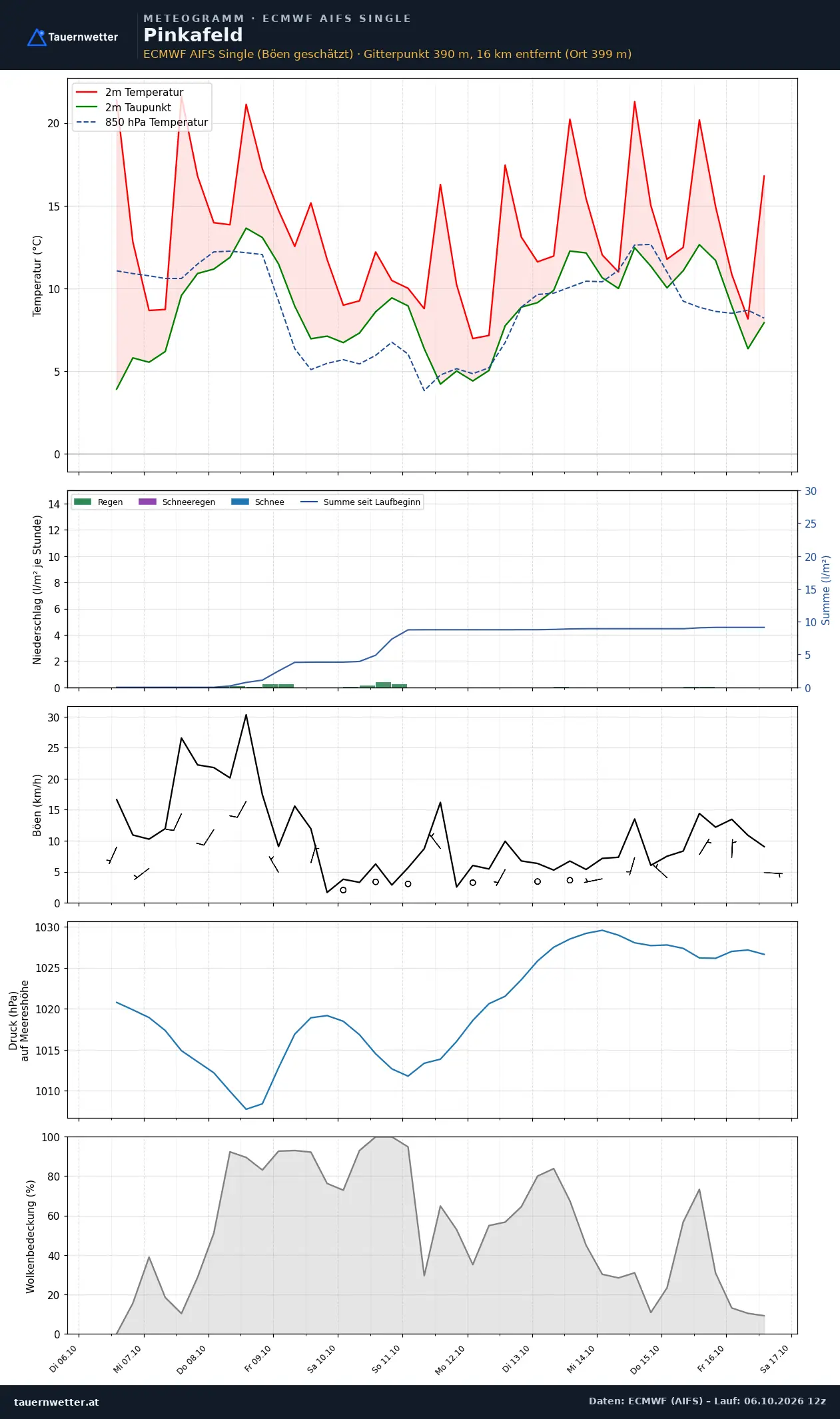 Meteogramm Pinkafeld ECMWF AIFS – Temperatur, Niederschlag, Wind, zehn Tage