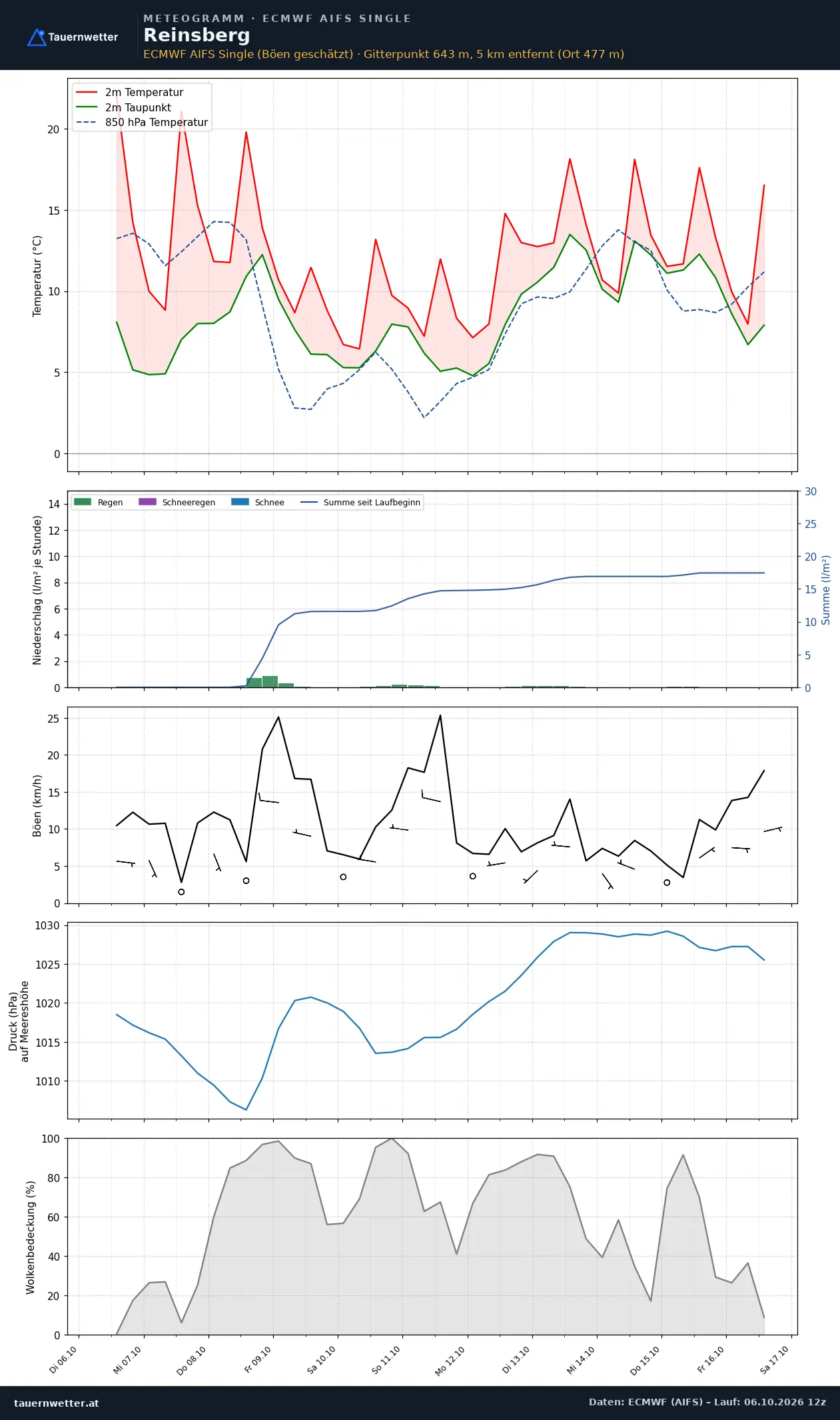 Meteogramm Reinsberg ECMWF AIFS – Temperatur, Niederschlag, Wind, zehn Tage