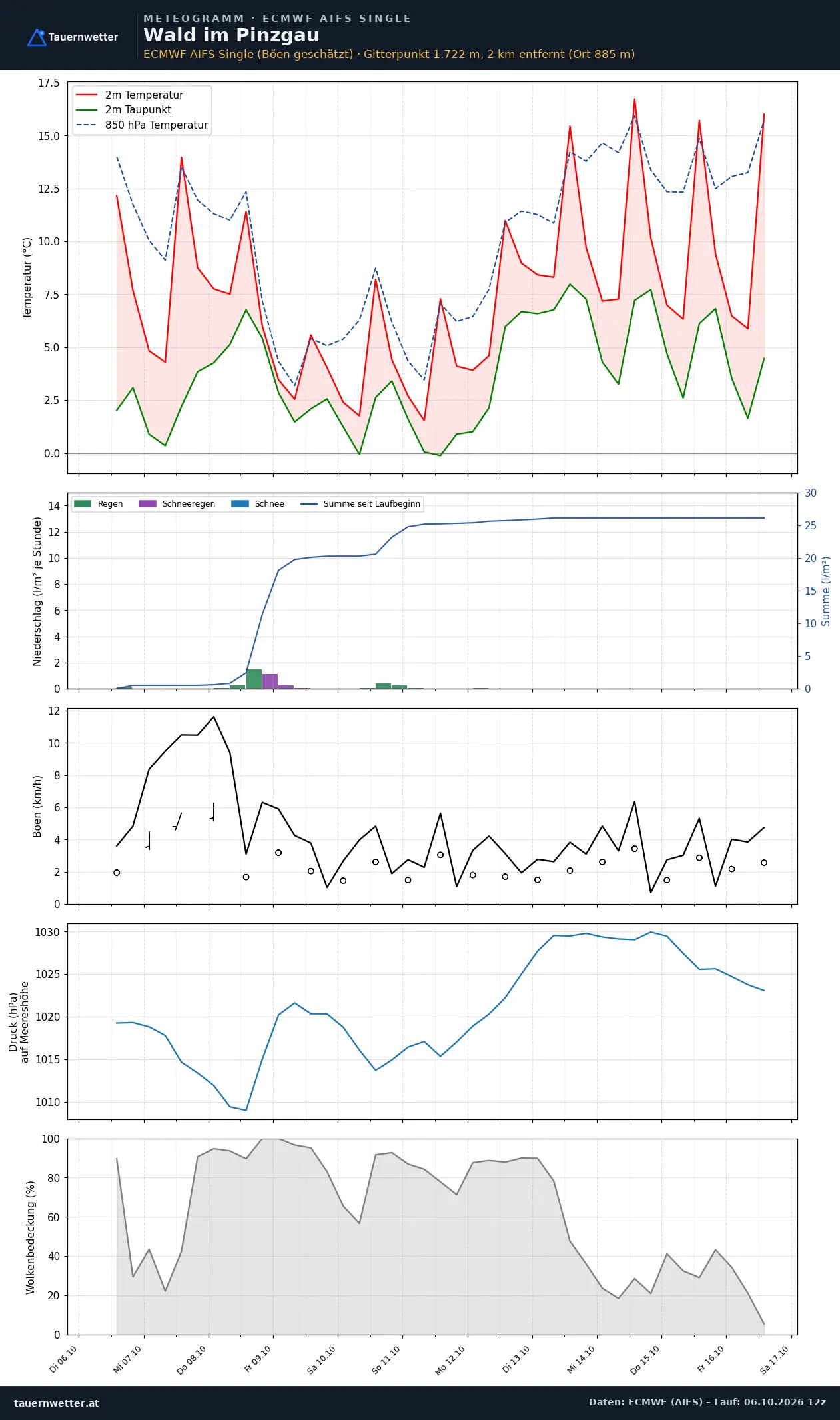 Meteogramm Wald im Pinzgau ECMWF AIFS – Temperatur, Niederschlag, Wind, zehn Tage
