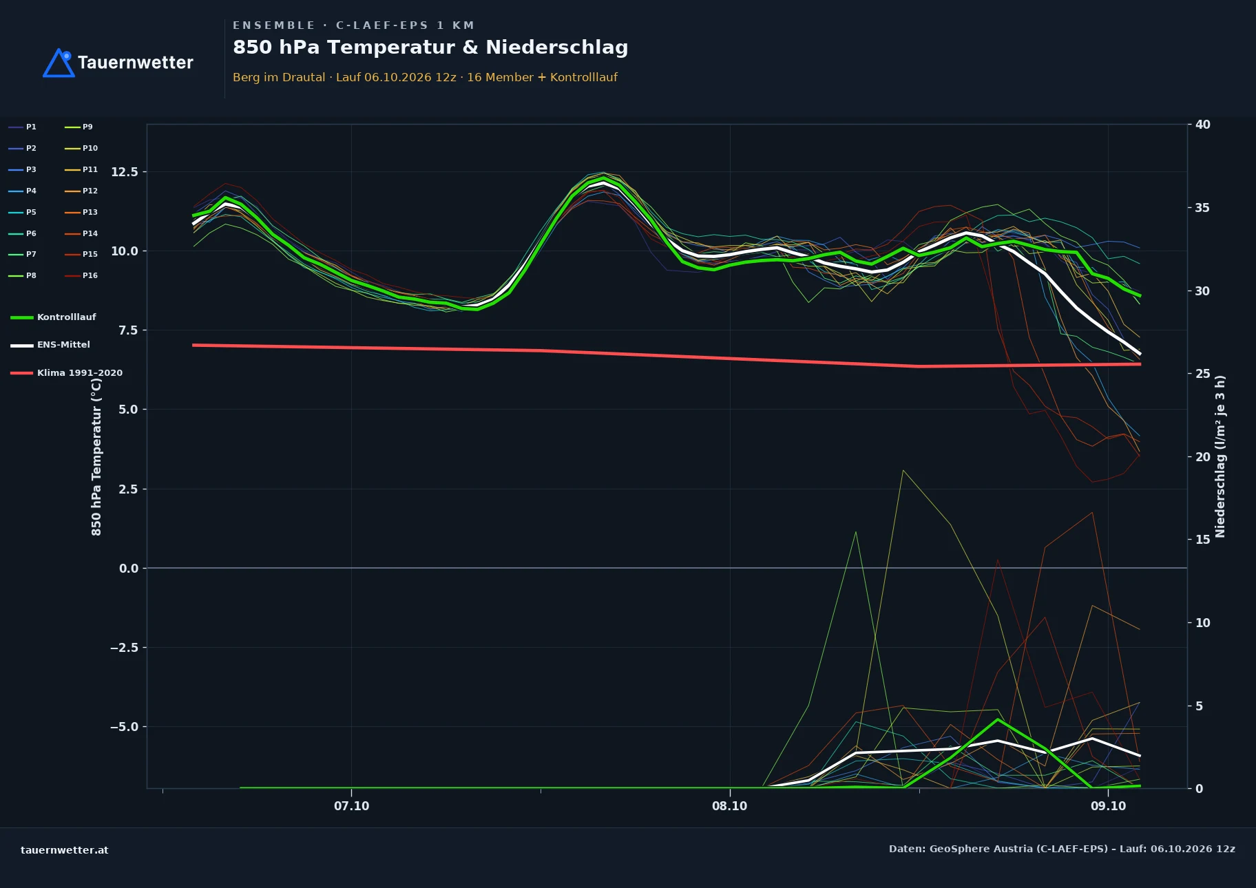 Ensemble-Diagramm Berg im Drautal C-LAEF-EPS – 850 hPa Temperatur und Niederschlag, 60 Stunden
