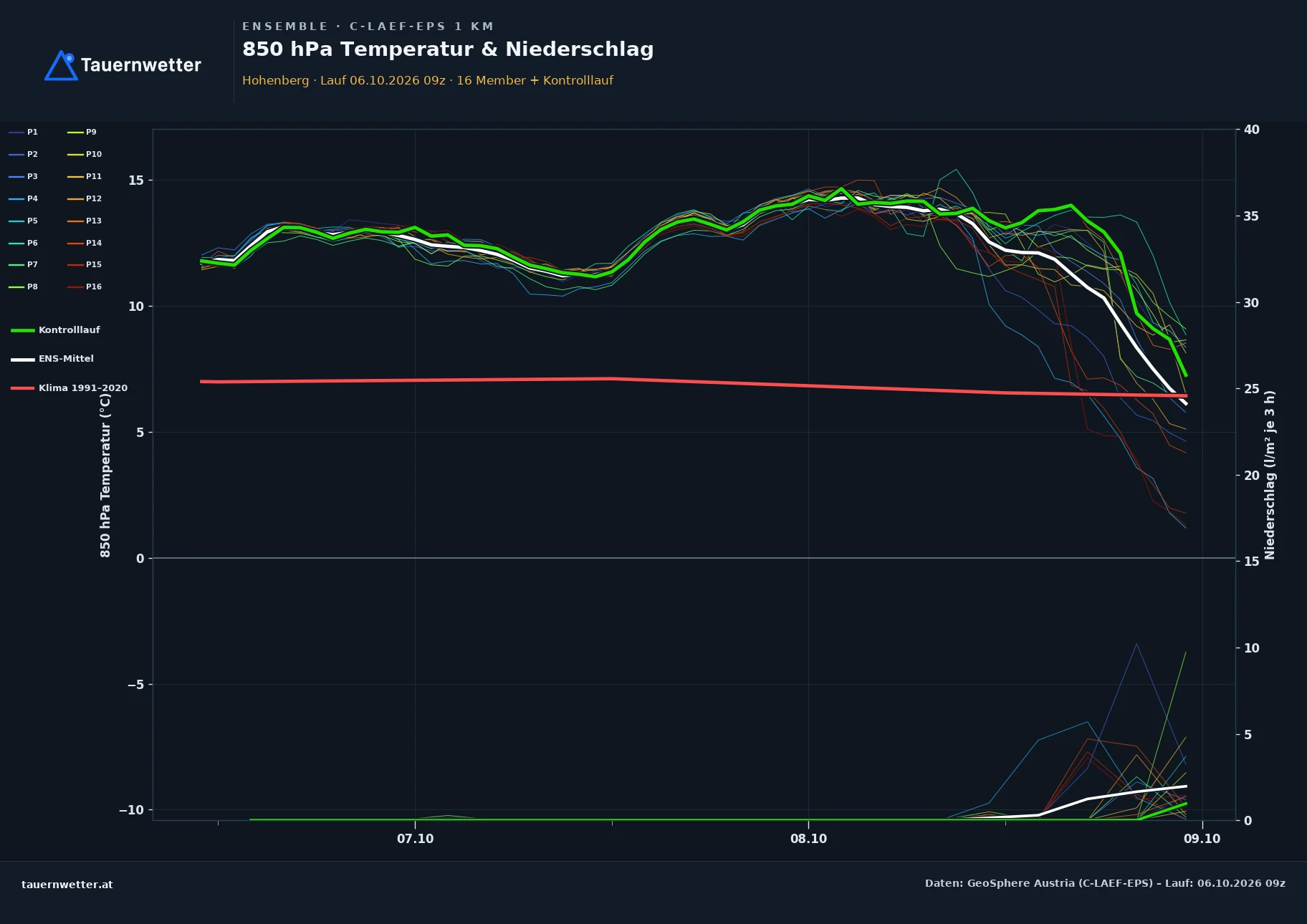 Ensemble-Diagramm Hohenberg C-LAEF-EPS – 850 hPa Temperatur und Niederschlag, 60 Stunden