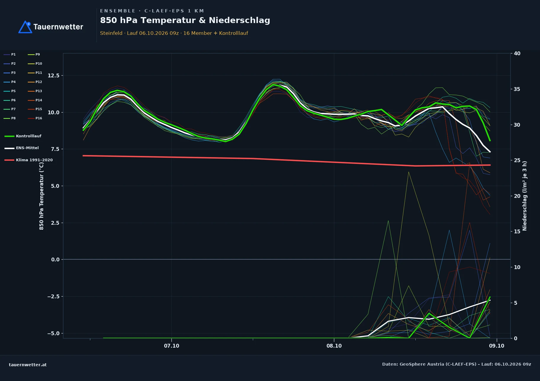 Ensemble-Diagramm Steinfeld C-LAEF-EPS – 850 hPa Temperatur und Niederschlag, 60 Stunden