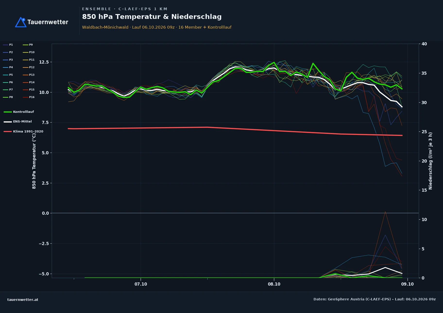 Ensemble-Diagramm Waldbach-Mönichwald C-LAEF-EPS – 850 hPa Temperatur und Niederschlag, 60 Stunden