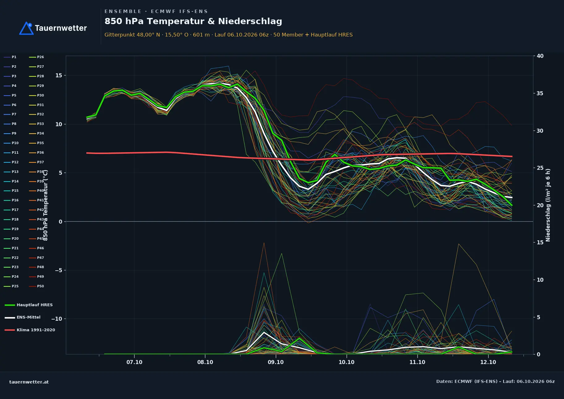Ensemble-Diagramm Hohenberg ECMWF IFS-Ensemble – 850 hPa Temperatur und Niederschlag, 15 Tage