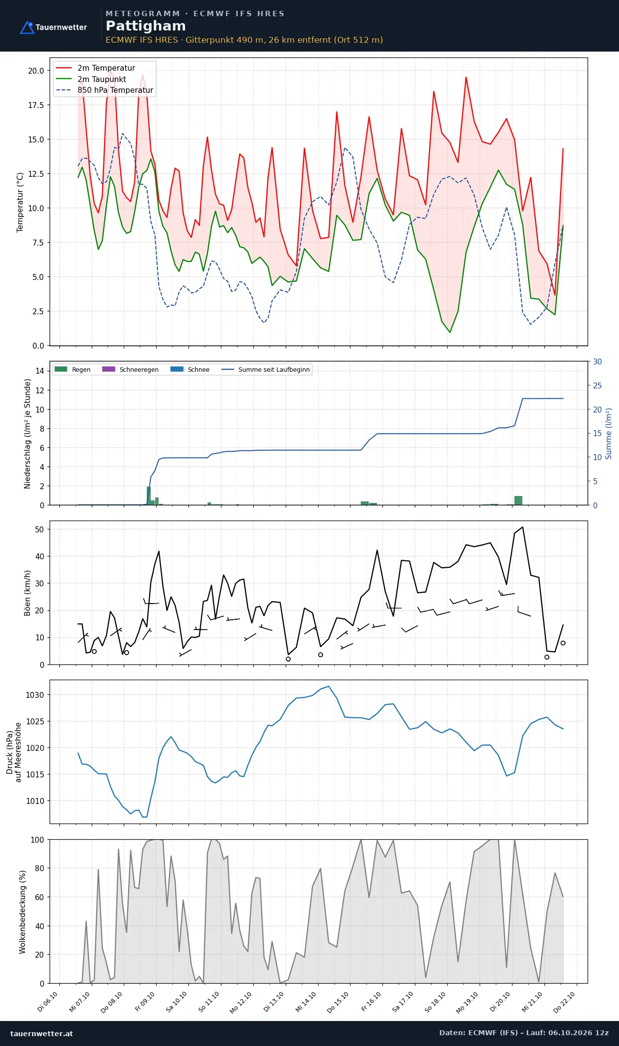 Meteogramm Pattigham ECMWF IFS – Temperatur, Niederschlag, Wind, 15 Tage
