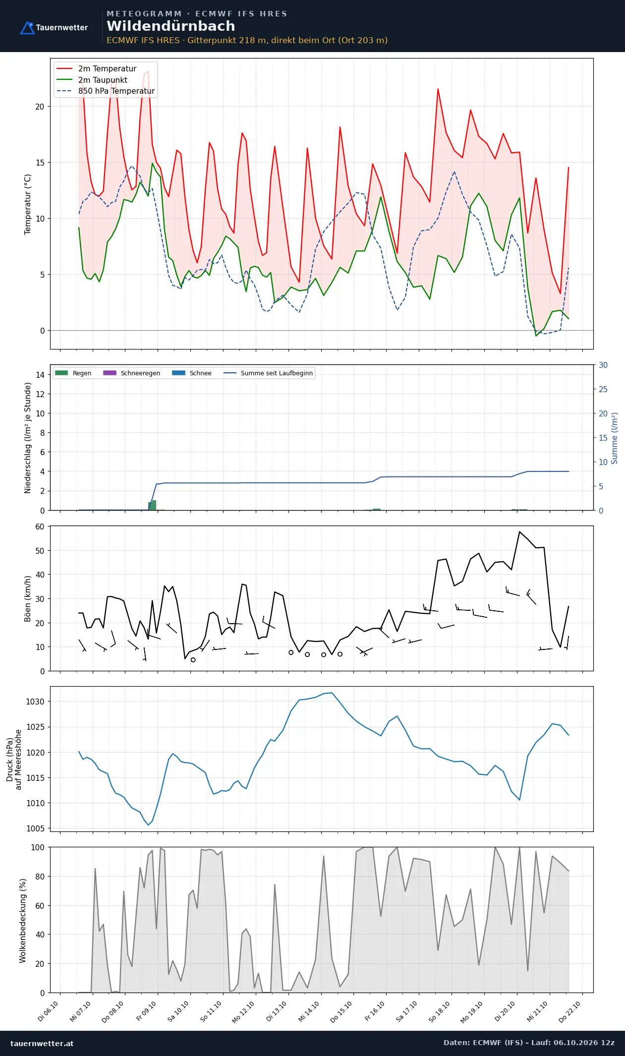 Meteogramm Wildendürnbach ECMWF IFS – Temperatur, Niederschlag, Wind, 15 Tage
