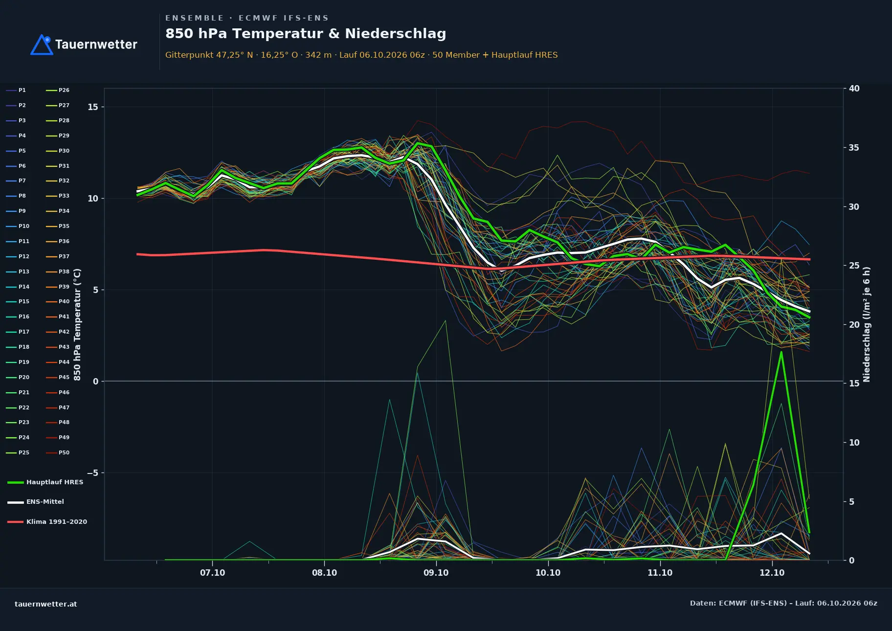 Ensemble-Diagramm Markt Neuhodis ECMWF IFS-Ensemble – 850 hPa Temperatur und Niederschlag, 15 Tage