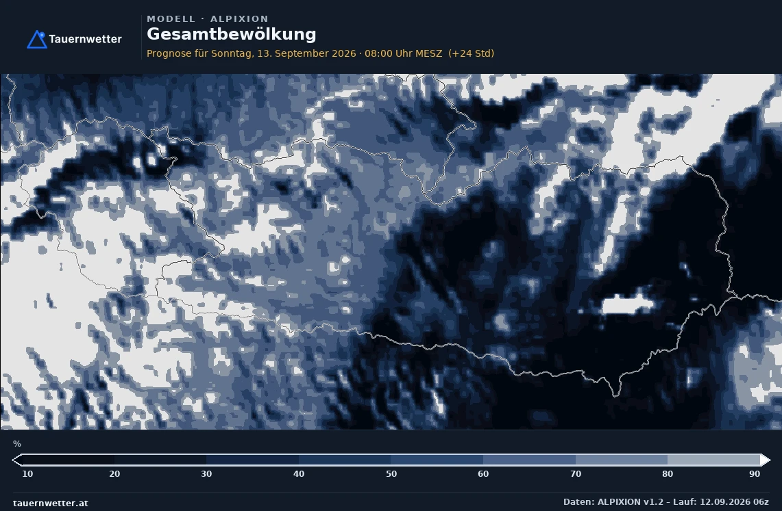 ALPIXION Modellkarte Bewölkung Kärnten und Osttirol, Vorhersage +24 Stunden