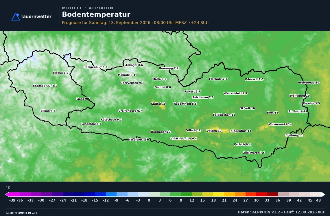 ALPIXION Modellkarte Bodentemperatur Kärnten und Osttirol, Vorhersage +24 Stunden
