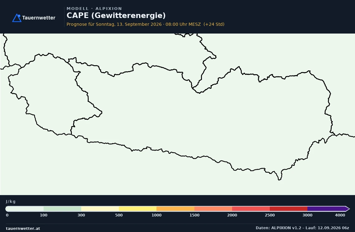 ALPIXION Modellkarte CAPE, Gewitterpotential Kärnten und Osttirol, Vorhersage +24 Stunden
