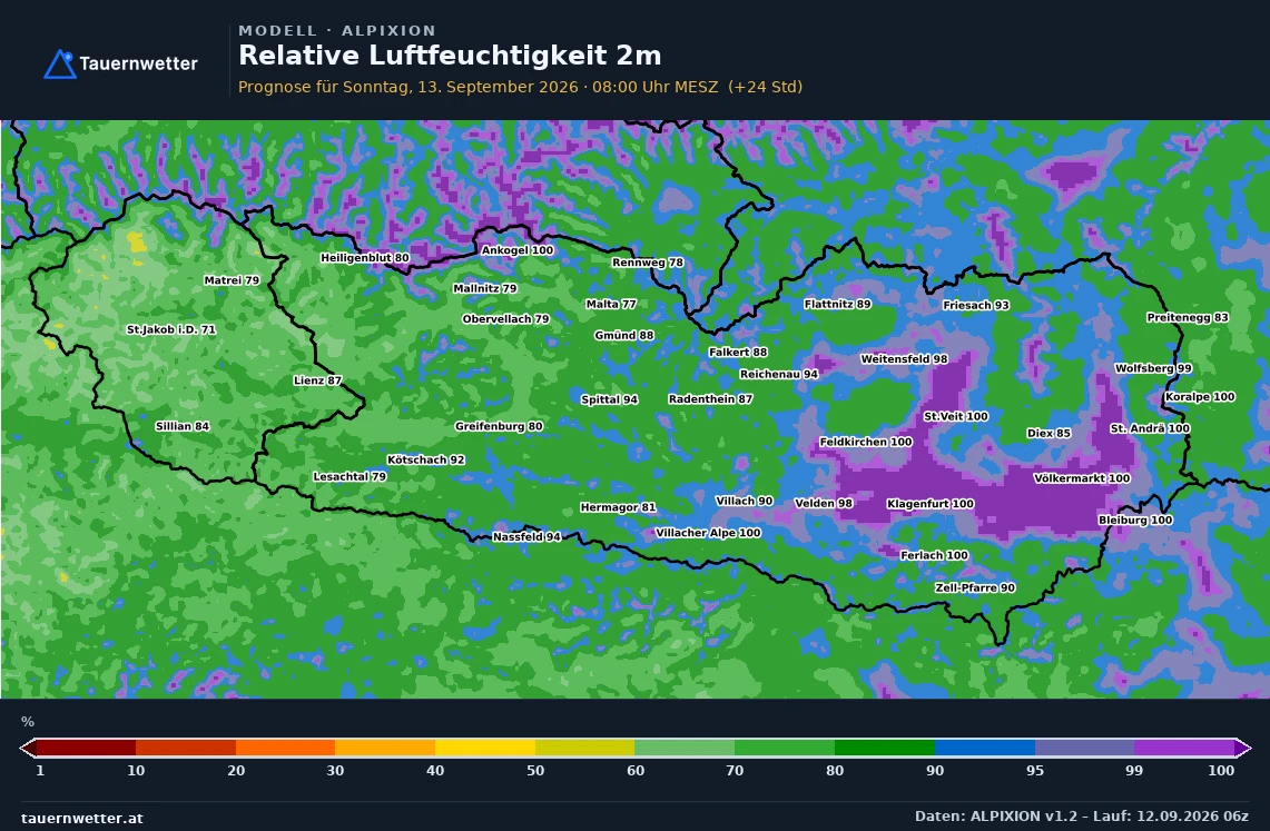 ALPIXION Modellkarte Relative Feuchte Kärnten und Osttirol, Vorhersage +24 Stunden