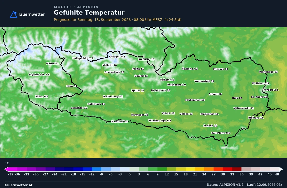ALPIXION Modellkarte Gefühlte Temperatur Kärnten und Osttirol, Vorhersage +24 Stunden