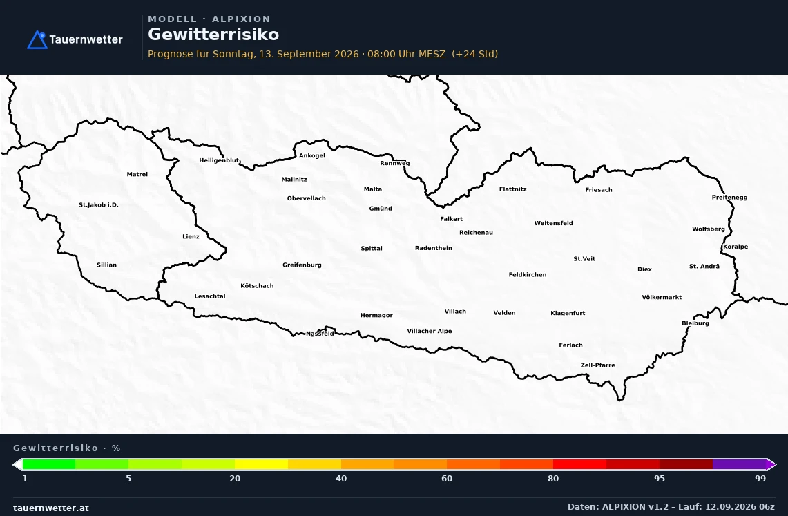 ALPIXION Modellkarte Gewitterrisiko Kärnten und Osttirol, Vorhersage +24 Stunden
