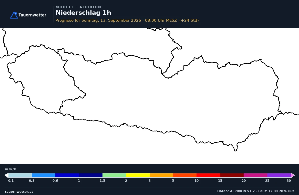 ALPIXION Modellkarte Niederschlag 1 h Kärnten und Osttirol, Vorhersage +24 Stunden