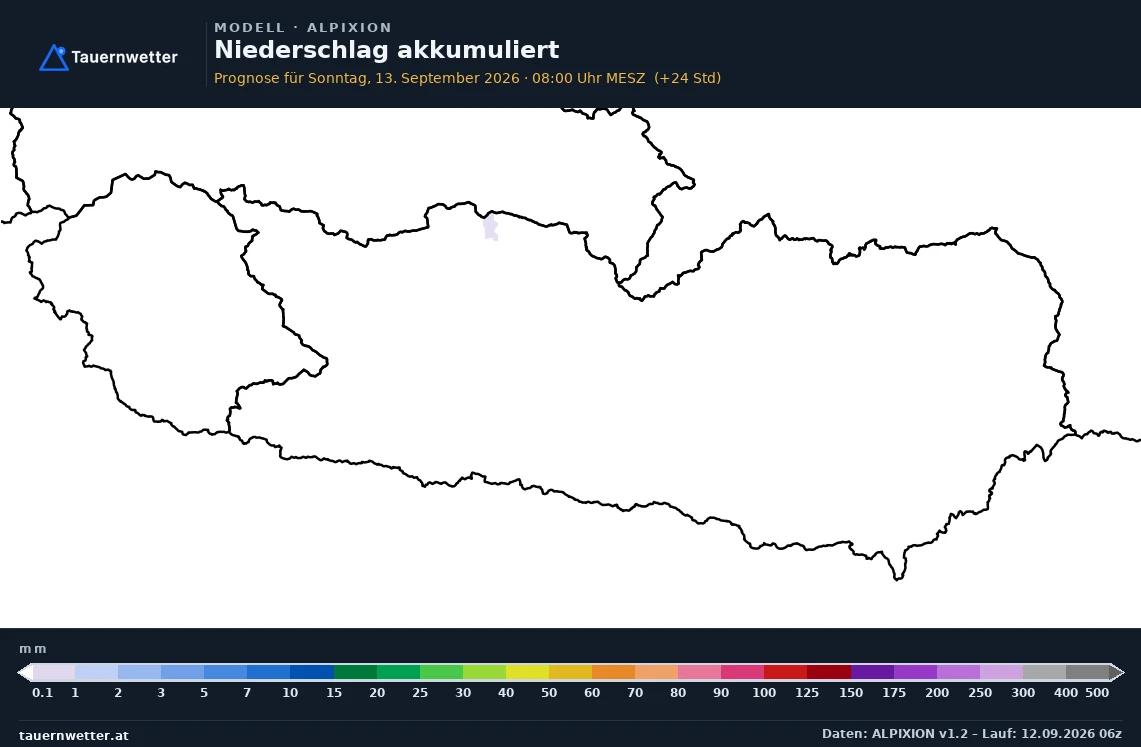 ALPIXION Modellkarte Niederschlag akkumuliert Kärnten und Osttirol, Vorhersage +24 Stunden