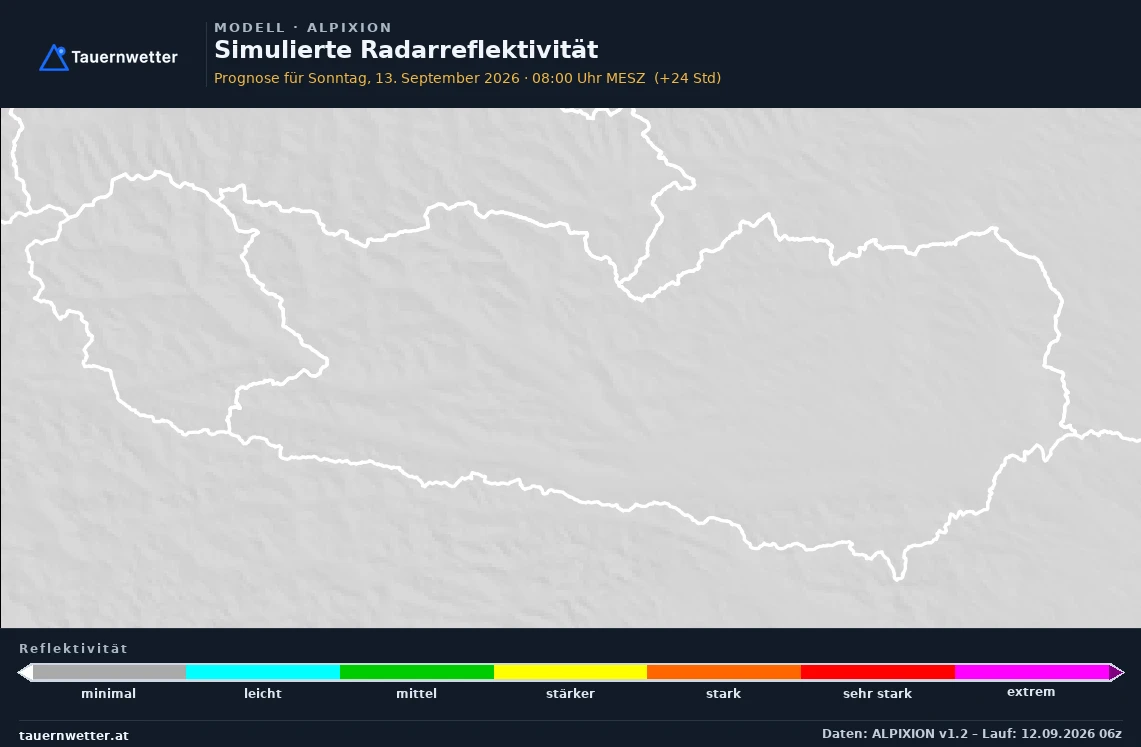 ALPIXION Modellkarte Simulierte Radarreflektivität Kärnten und Osttirol, Vorhersage +24 Stunden