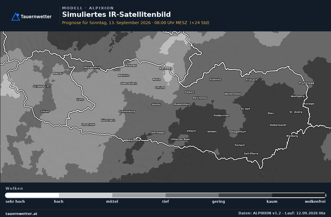 ALPIXION Modellkarte Simuliertes Satellitenbild Kärnten und Osttirol, Vorhersage +24 Stunden