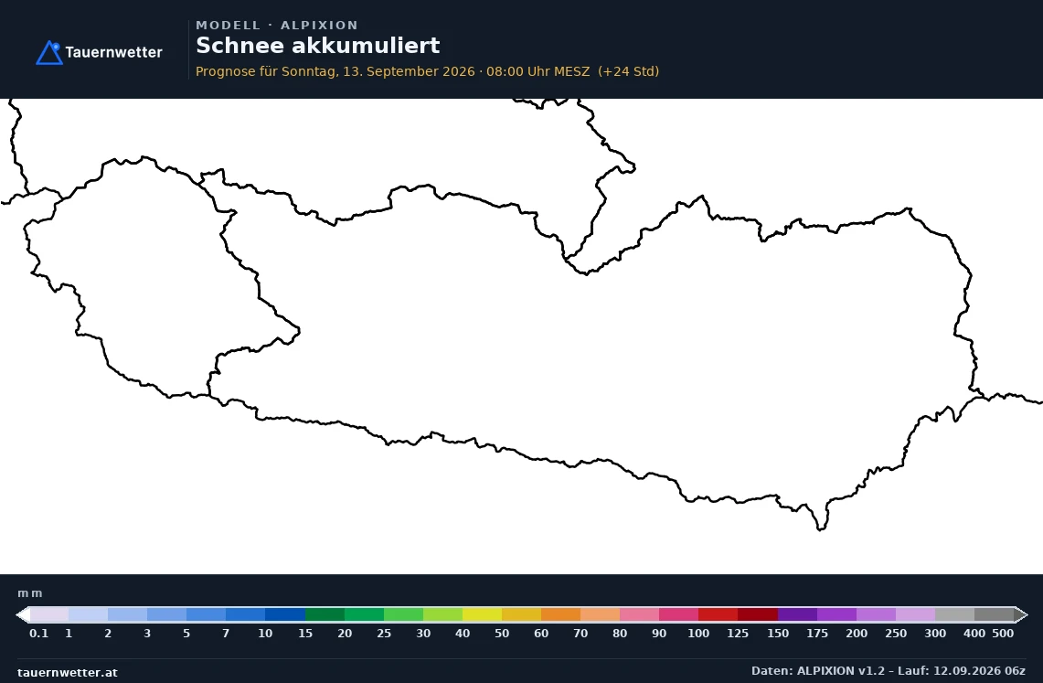 ALPIXION Modellkarte Schnee akkumuliert Kärnten und Osttirol, Vorhersage +24 Stunden