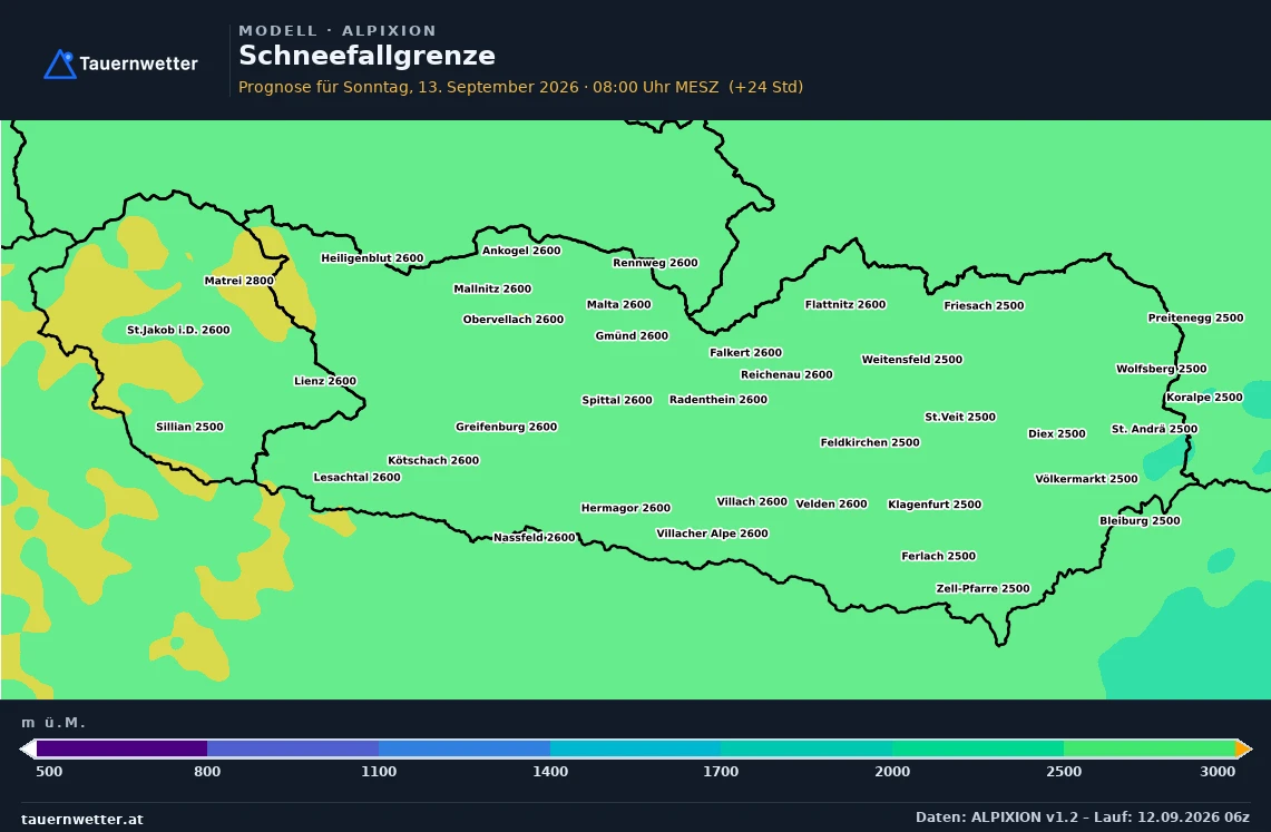 ALPIXION Modellkarte Schneefallgrenze Kärnten und Osttirol, Vorhersage +24 Stunden