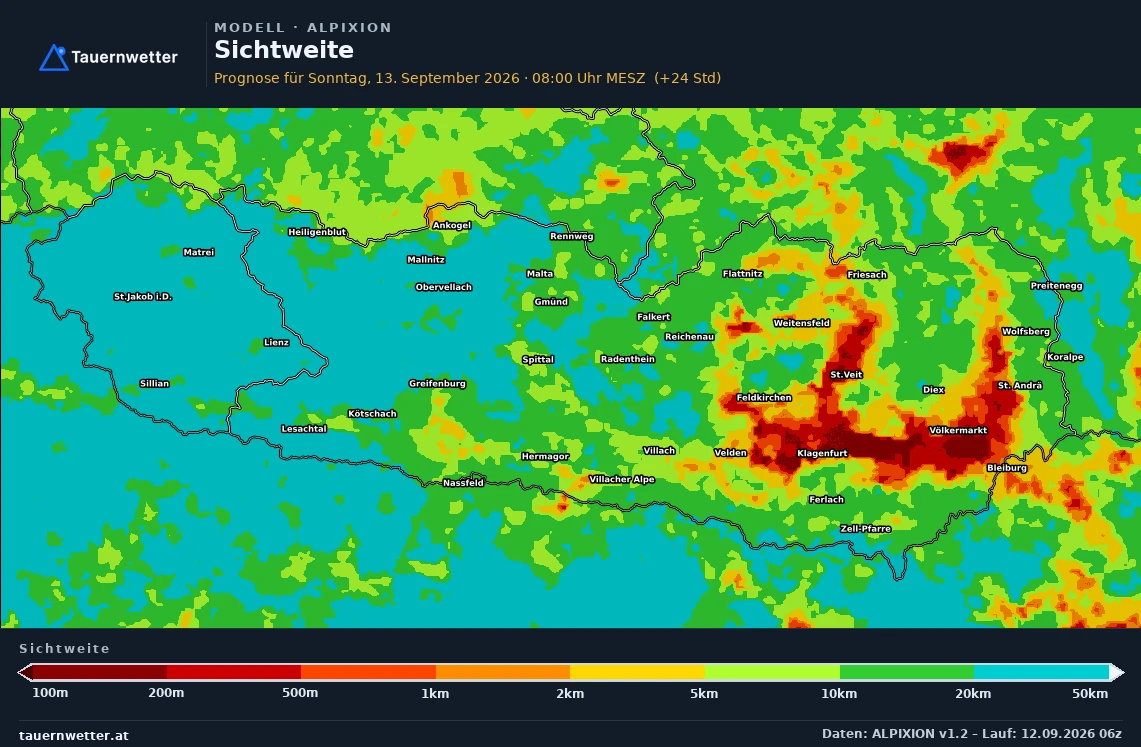 ALPIXION Modellkarte Sichtweite Kärnten und Osttirol, Vorhersage +24 Stunden