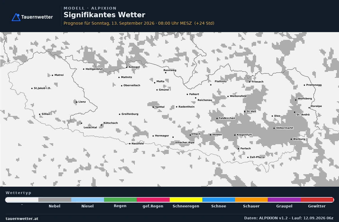 ALPIXION Modellkarte Signifikantes Wetter Kärnten und Osttirol, Vorhersage +24 Stunden