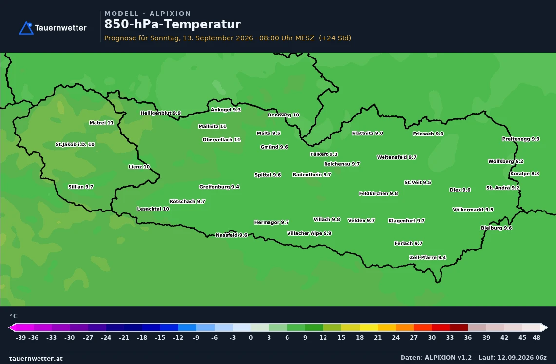 ALPIXION Modellkarte Temperatur 850 hPa Kärnten und Osttirol, Vorhersage +24 Stunden