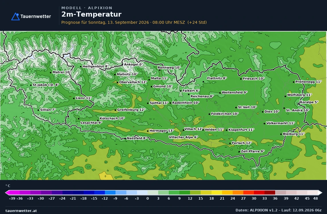 ALPIXION Modellkarte Temperatur 2 m Kärnten und Osttirol, Vorhersage +24 Stunden
