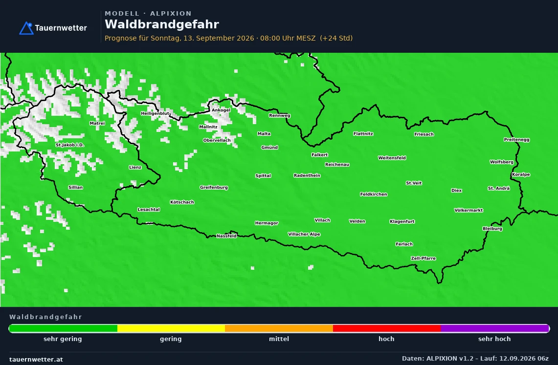 ALPIXION Modellkarte Waldbrandgefahr Kärnten und Osttirol, Vorhersage +24 Stunden