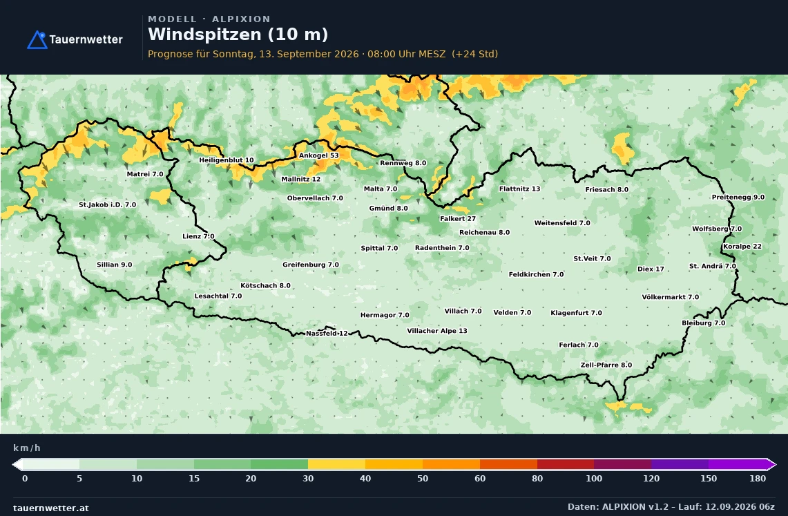 ALPIXION Modellkarte Windböen 10 m Kärnten und Osttirol, Vorhersage +24 Stunden