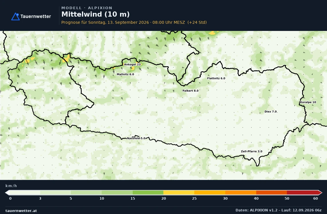 ALPIXION Modellkarte Mittelwind 10 m Kärnten und Osttirol, Vorhersage +24 Stunden