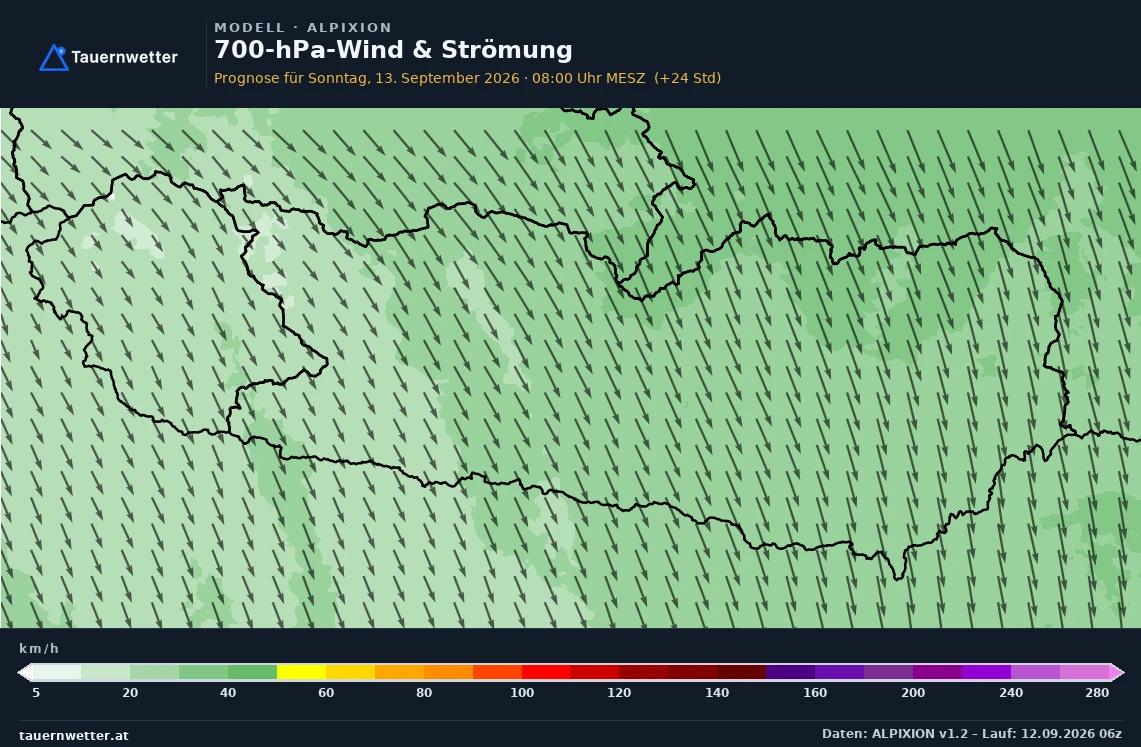 ALPIXION Modellkarte Wind 700 hPa, rund 3.000 m Kärnten und Osttirol, Vorhersage +24 Stunden