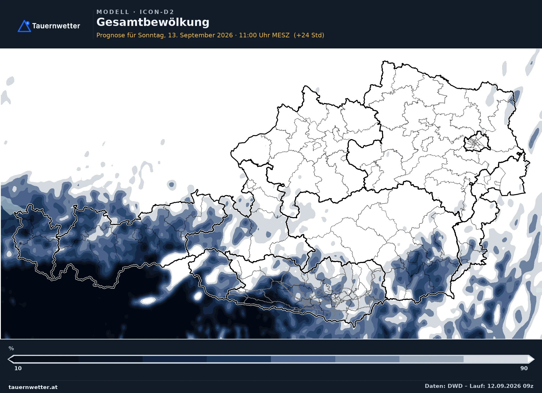 ICON-D2 Modellkarte Bewölkung Österreich, Vorhersage +24 Stunden