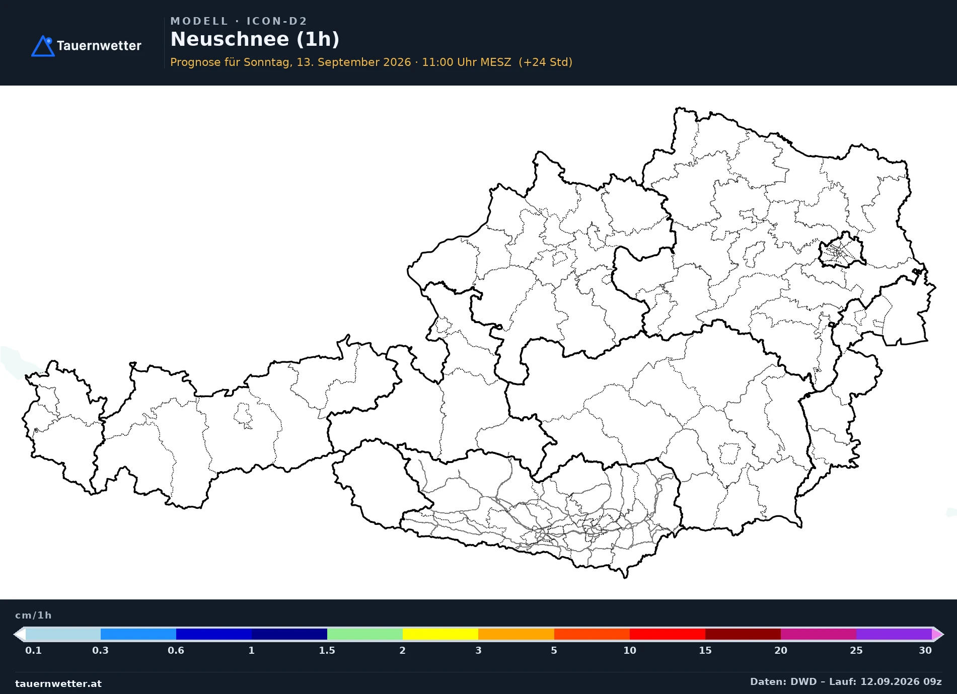 ICON-D2 Modellkarte Neuschnee 1 h Österreich, Vorhersage +24 Stunden