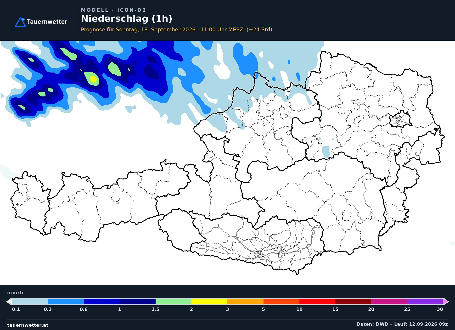ICON-D2 Modellkarte Niederschlag 1 h Österreich, Vorhersage +24 Stunden