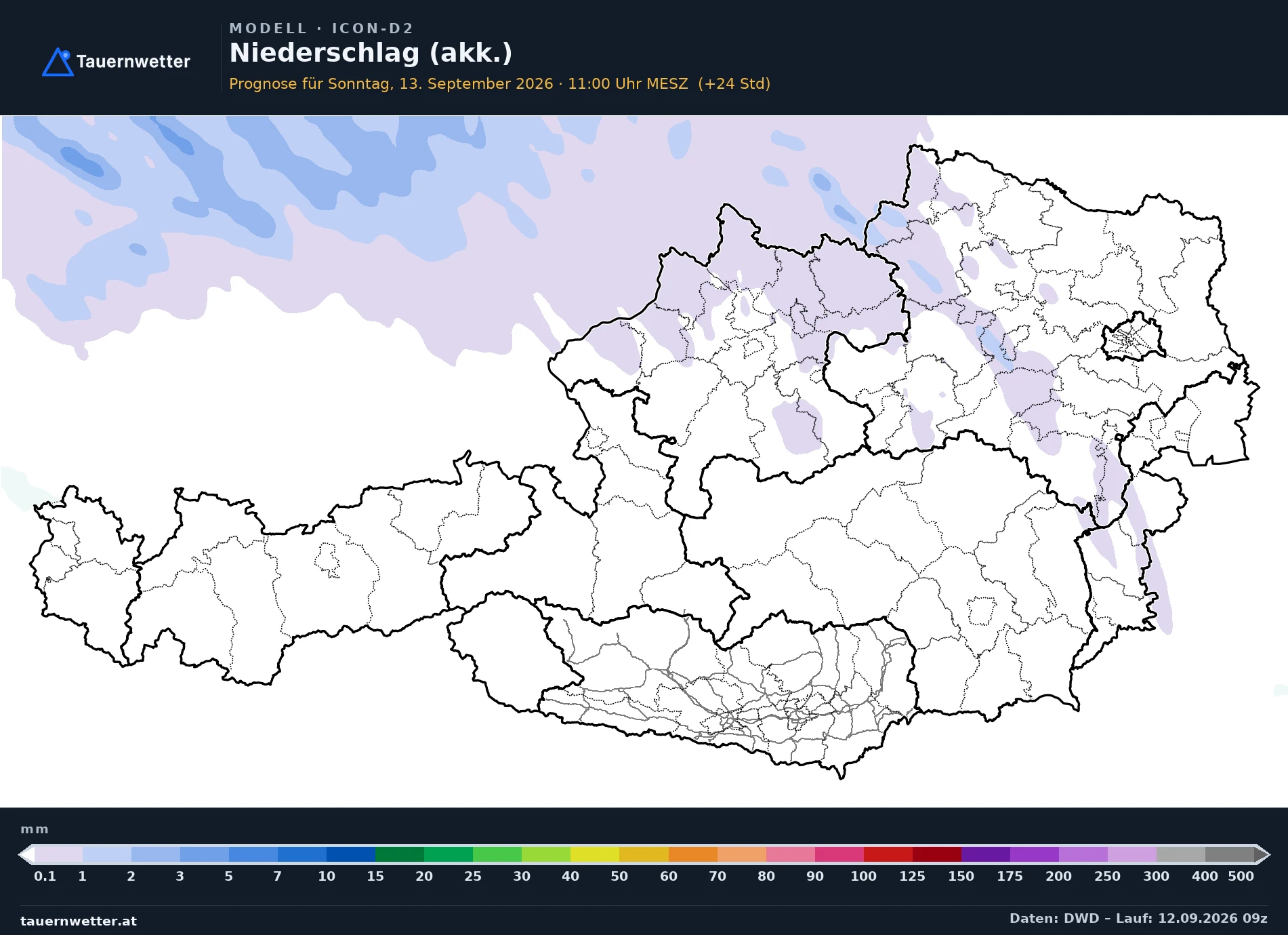 ICON-D2 Modellkarte Niederschlag akkumuliert Österreich, Vorhersage +24 Stunden