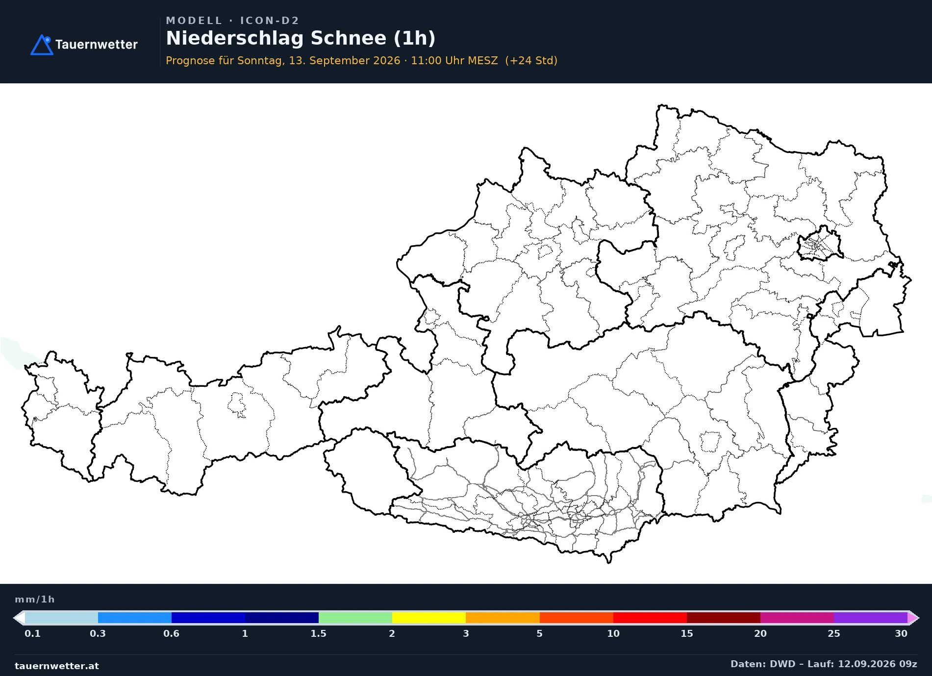 ICON-D2 Modellkarte Schnee 1 h Österreich, Vorhersage +24 Stunden