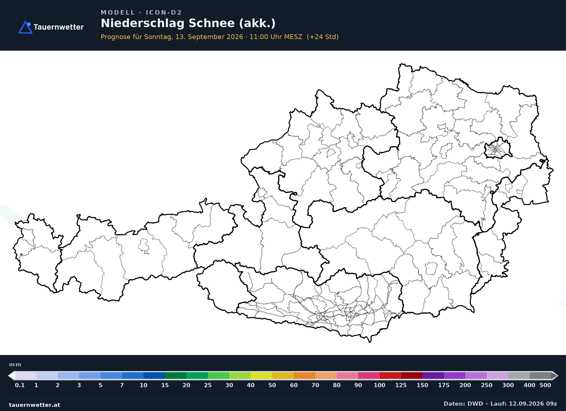 ICON-D2 Modellkarte Schnee akkumuliert Österreich, Vorhersage +24 Stunden